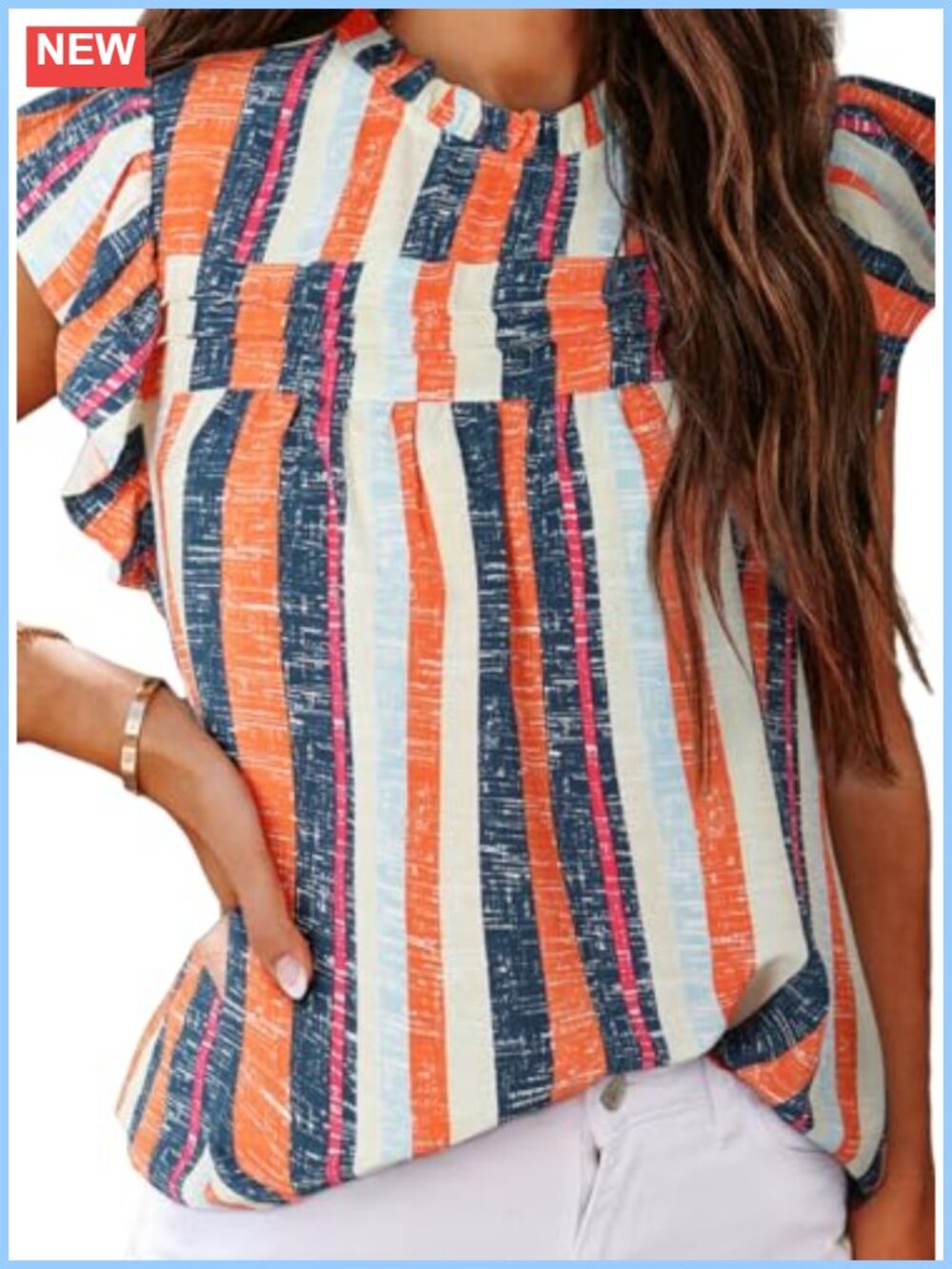 SHEWIN Womens Summer Crewneck Ruffle Sleeveless Tank Top Striped Loose Fit